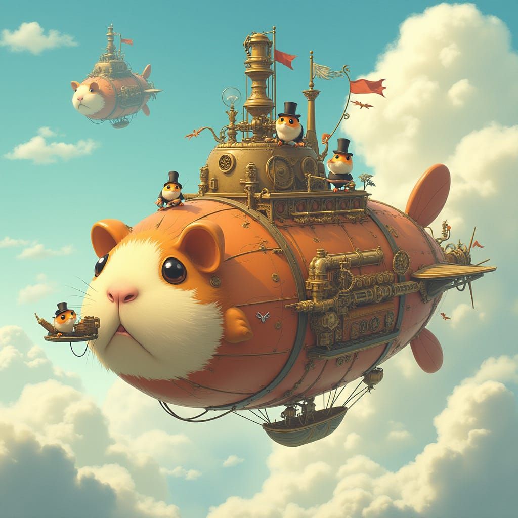 Steampunk Airship Guinea Pig Soars Through Dreamy Skies