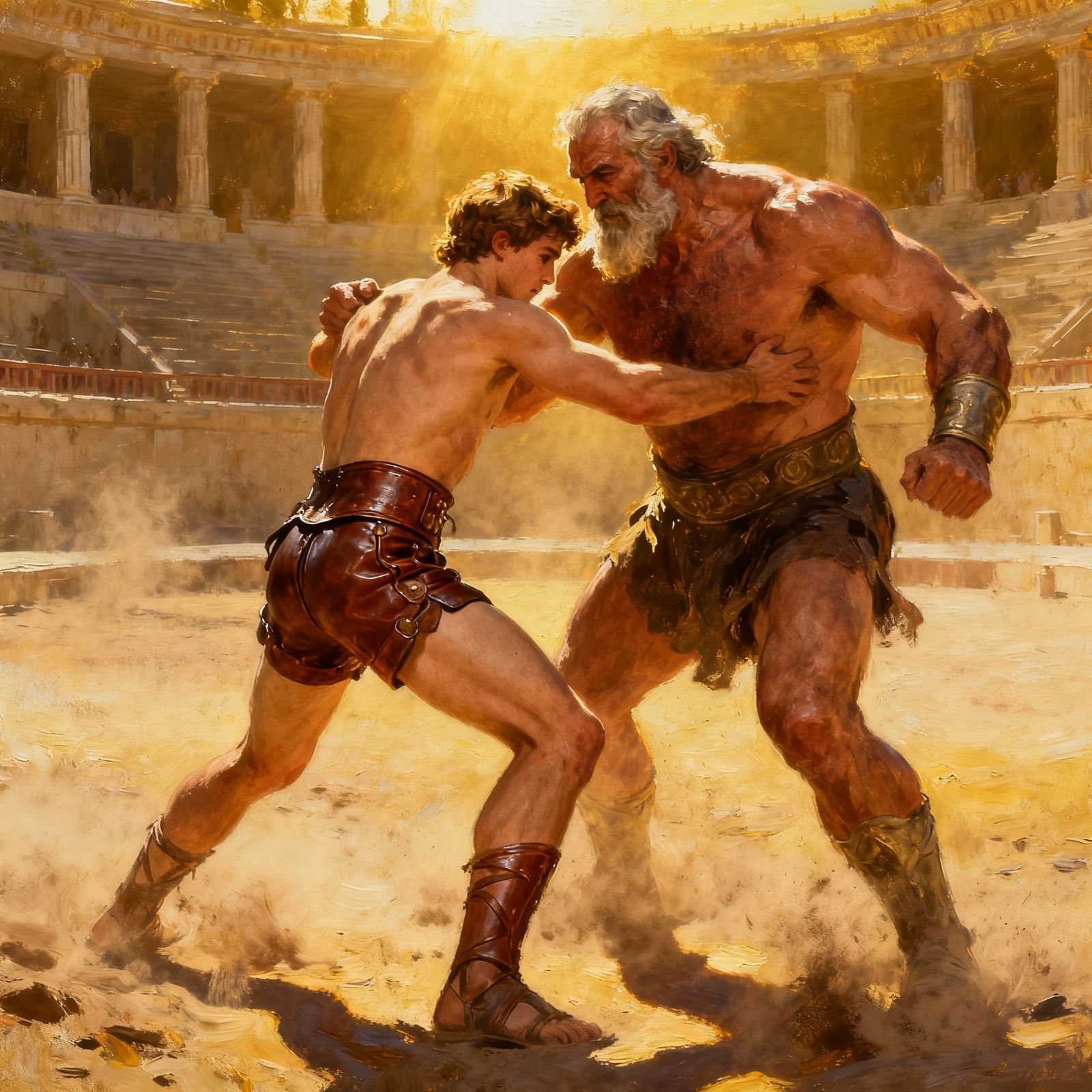Theseus Wrestles King Cercyon in Golden Hour Oil Painting