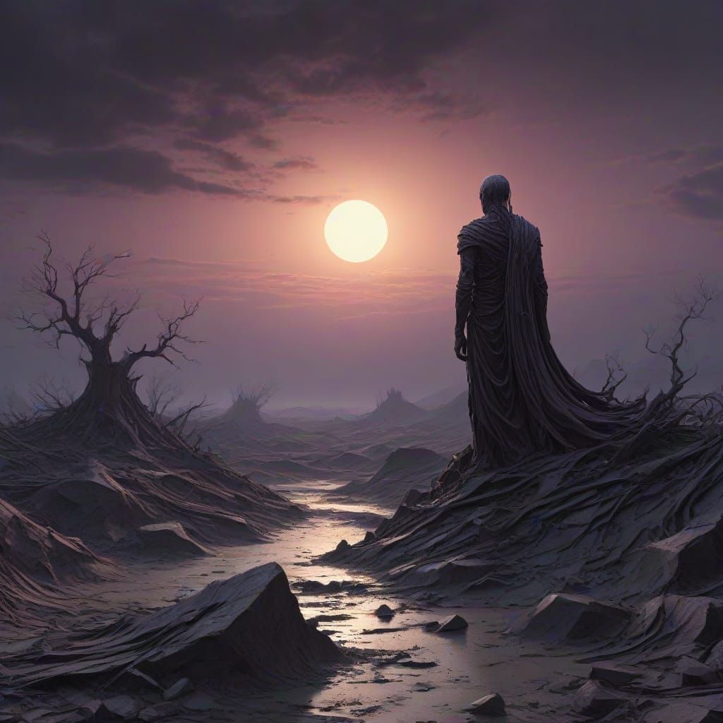 Lone Figure in Haunting, Surrealist Landscape