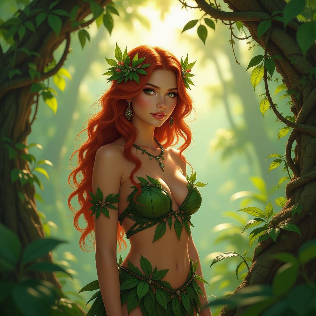 Redhead Nature Goddess in Lush Forest