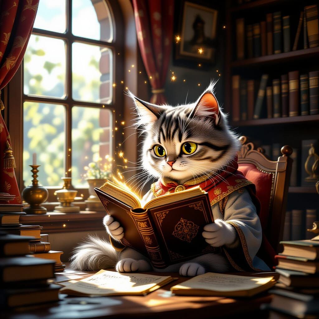 Anthropomorphic Cat Reads Ancient Tome in Cozy Study