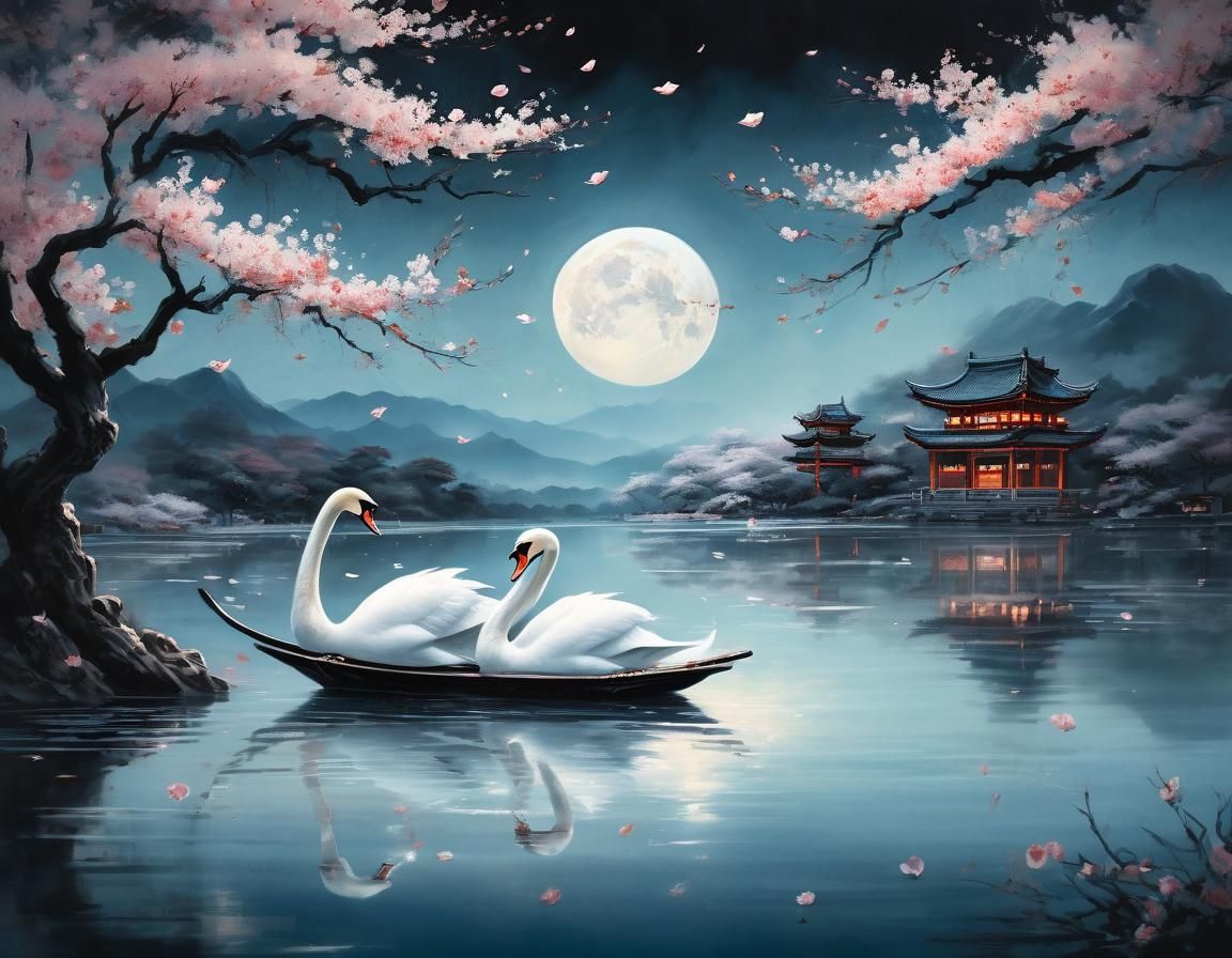 Swans on Moonlit Lake in Ink Wash Style