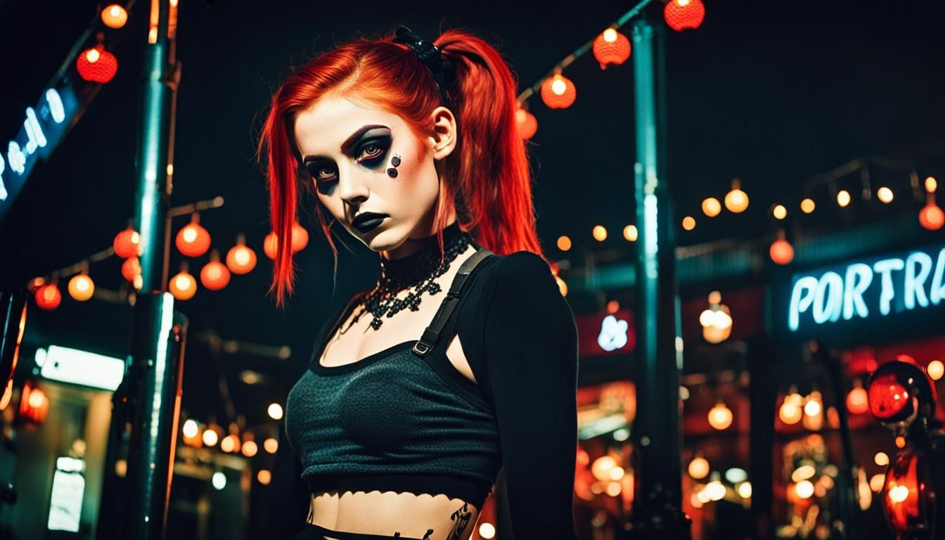 Gothic Woman Portrait in Nightclub with Film Grain