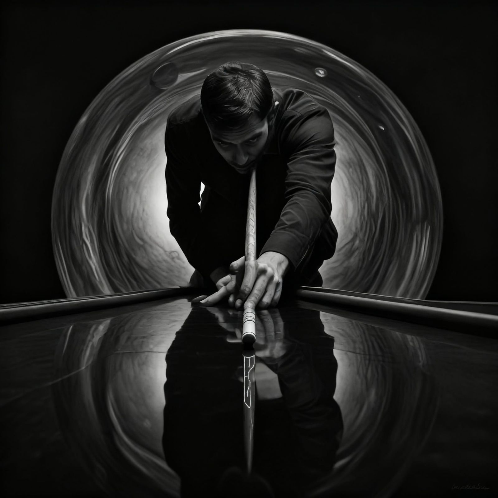 Surreal Charcoal Art: Distorted Reflection of Man Playing Bi...