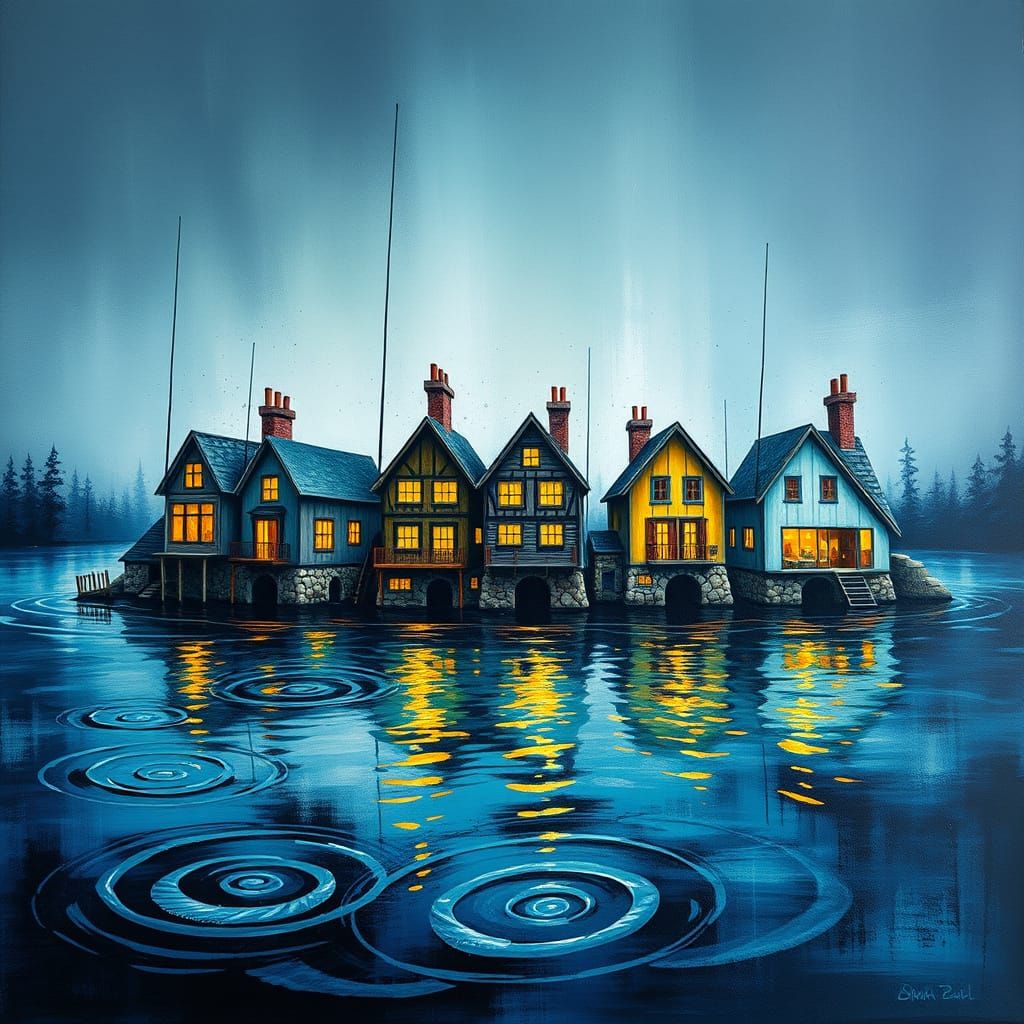 Surreal Waterfront Homes in Alcohol Ink Style