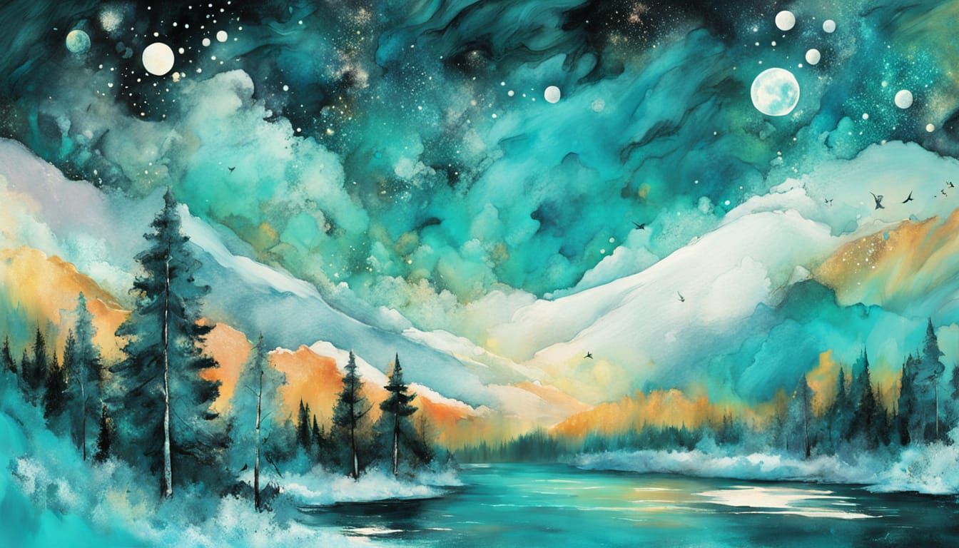 Turquoise Auroras Over Frozen Lake in Mixed Media