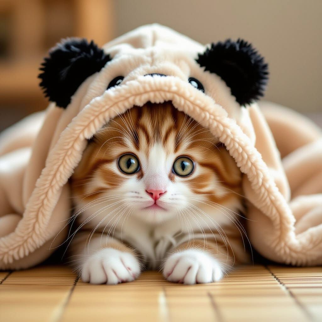 Adorable Kitten in Bear Hoodie, Whimsical Art