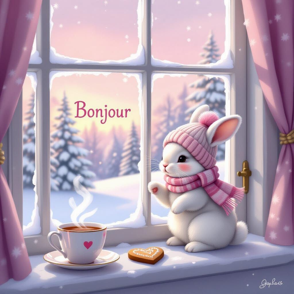 Bunny Opens Shutters to Snowy Cottage in Storybook Style