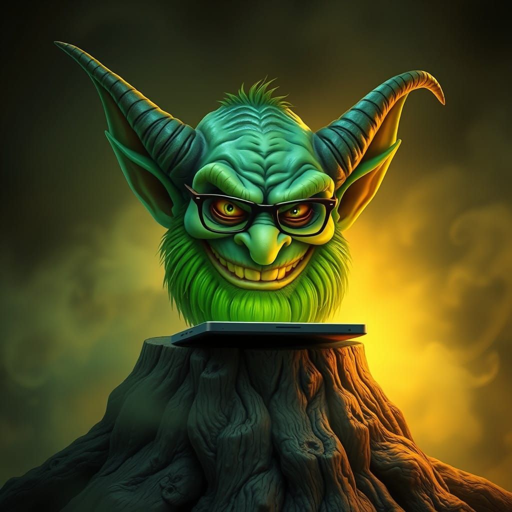 Ethereal Goblin Wizard in Vibrant Green, with Laptop and Anc...