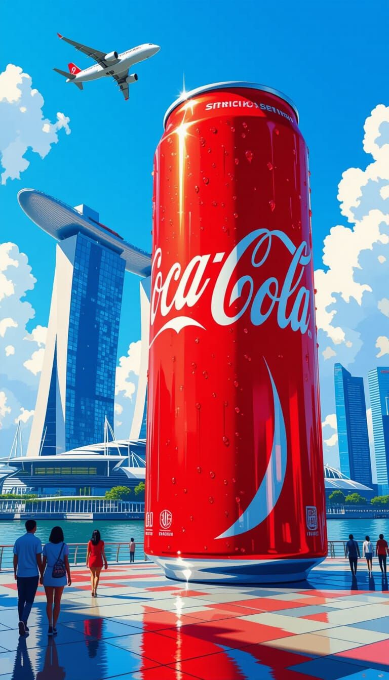 Giant Soda Can with Futuristic Cityscape, Splash Art Style