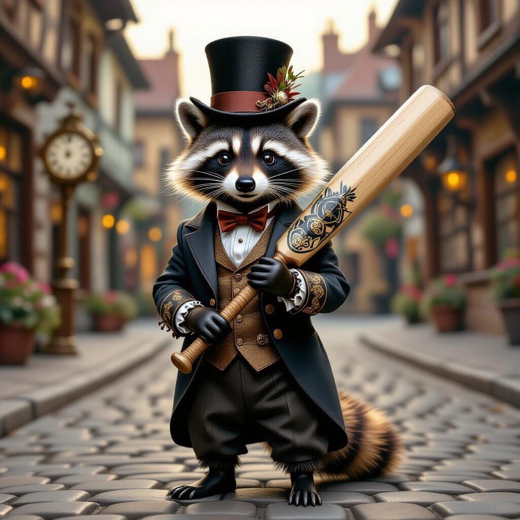 Steampunk Raccoon with Cricket Bat in Whimsical Town
