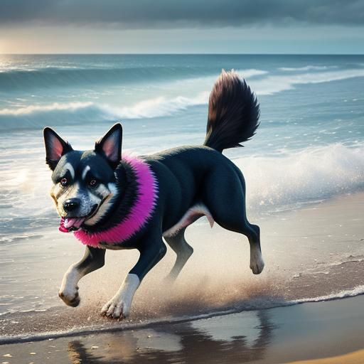 Hyperrealistic Smiling Dog on Beach in Pullover