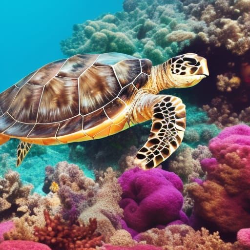 Sea Turtle Swimming in Coral Reef