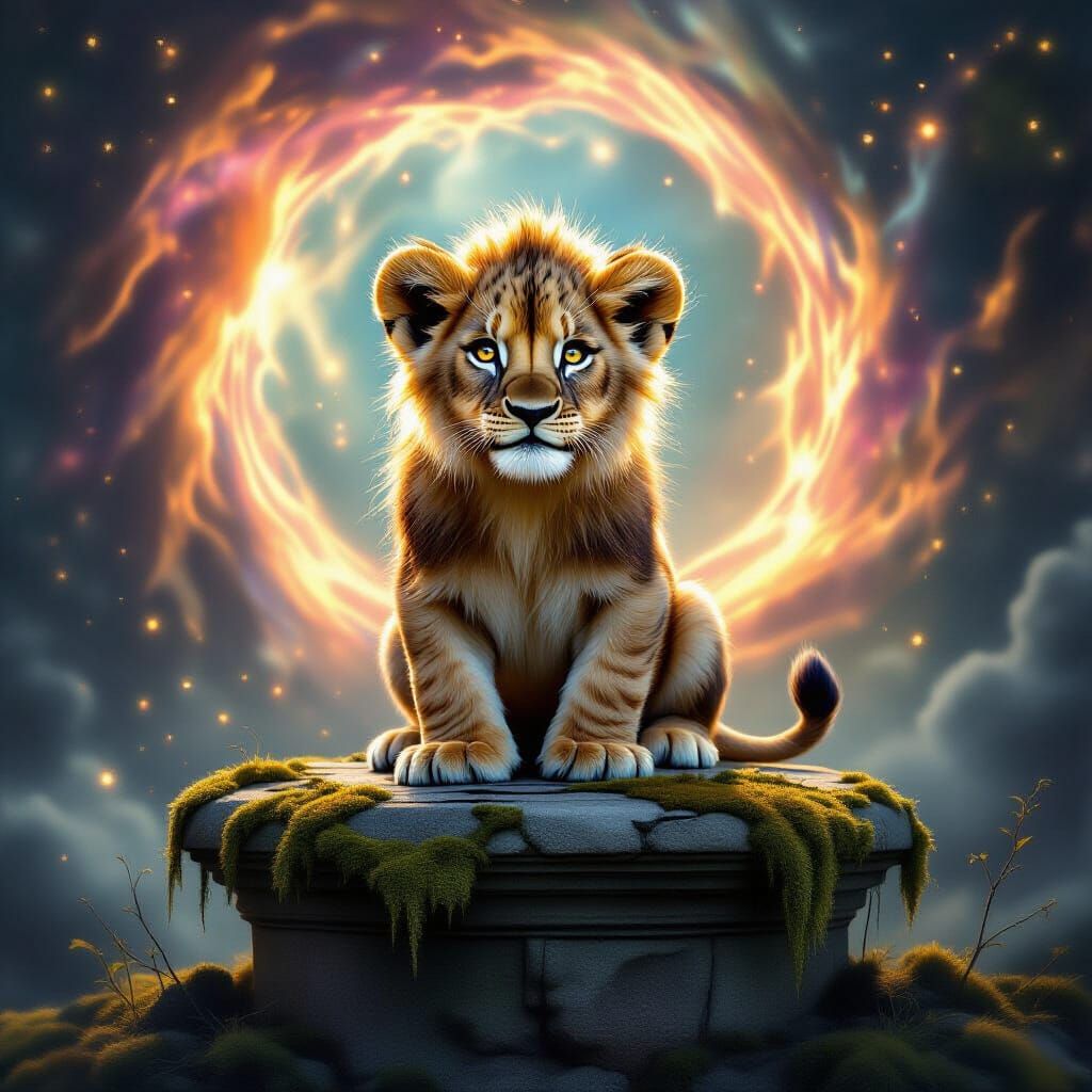 Majestic Lion Cub Before Ethereal Portal