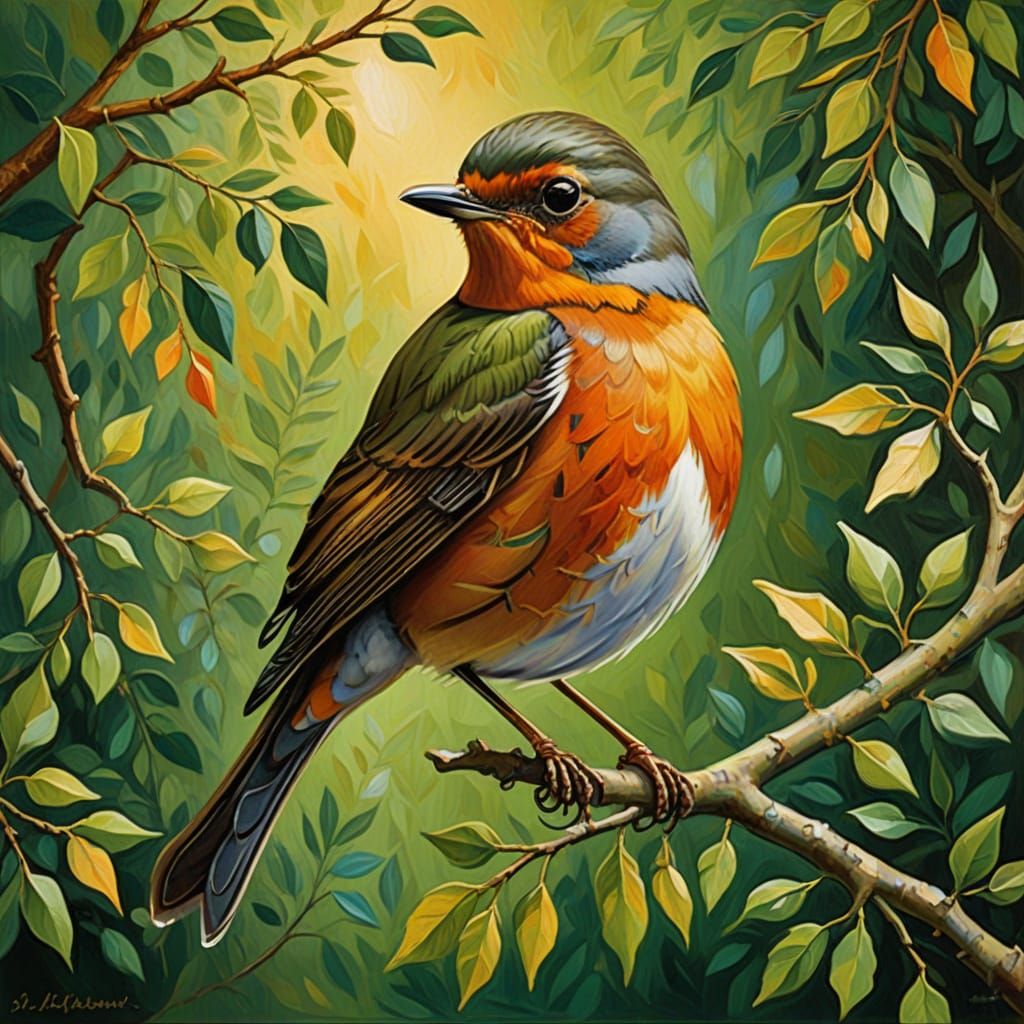 Robin on Branch, Naive Art Oil Painting