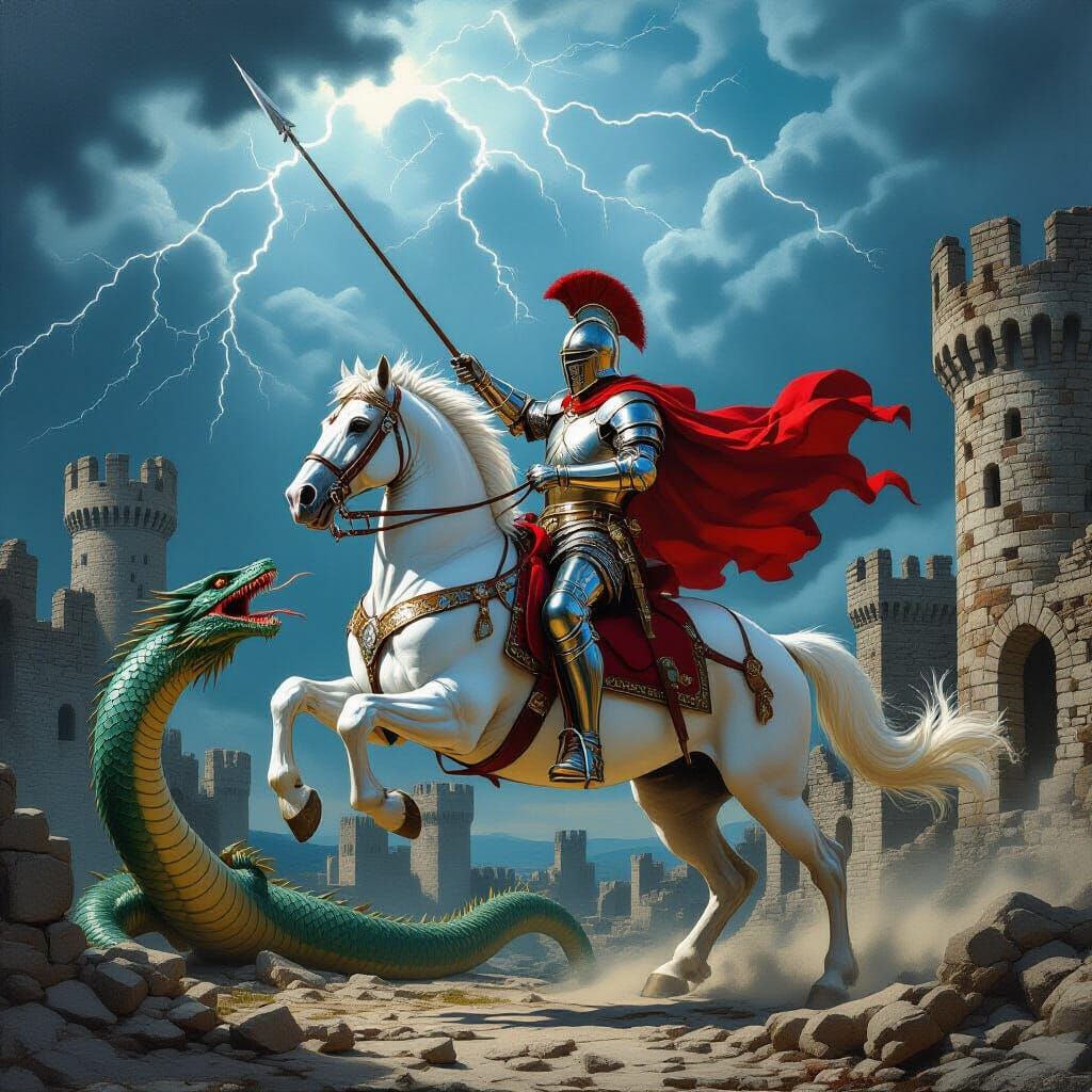 Saint George Slaying Dragon with Dramatic Lighting