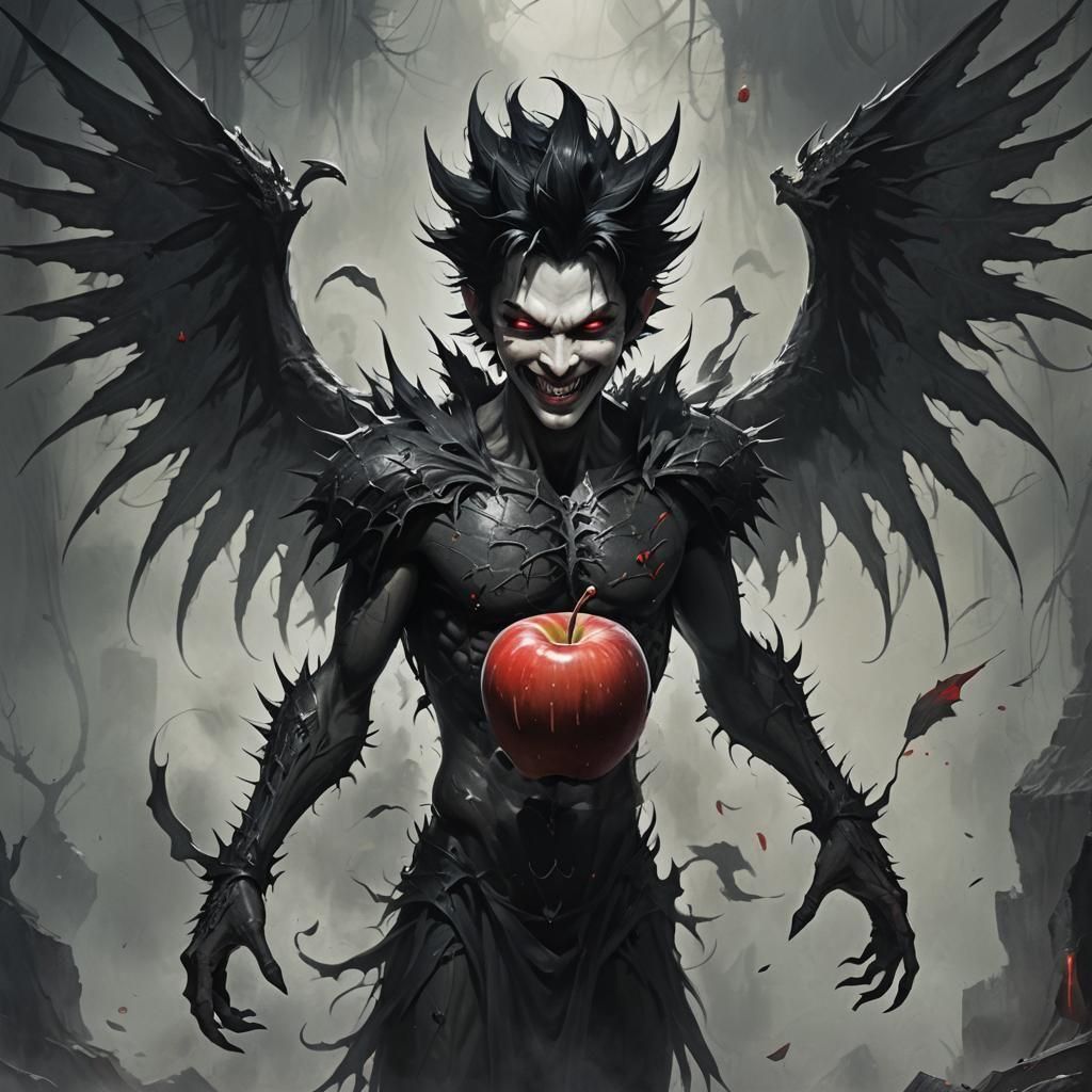 Ethereal Creature with Apple in Dark Shadowy Scene