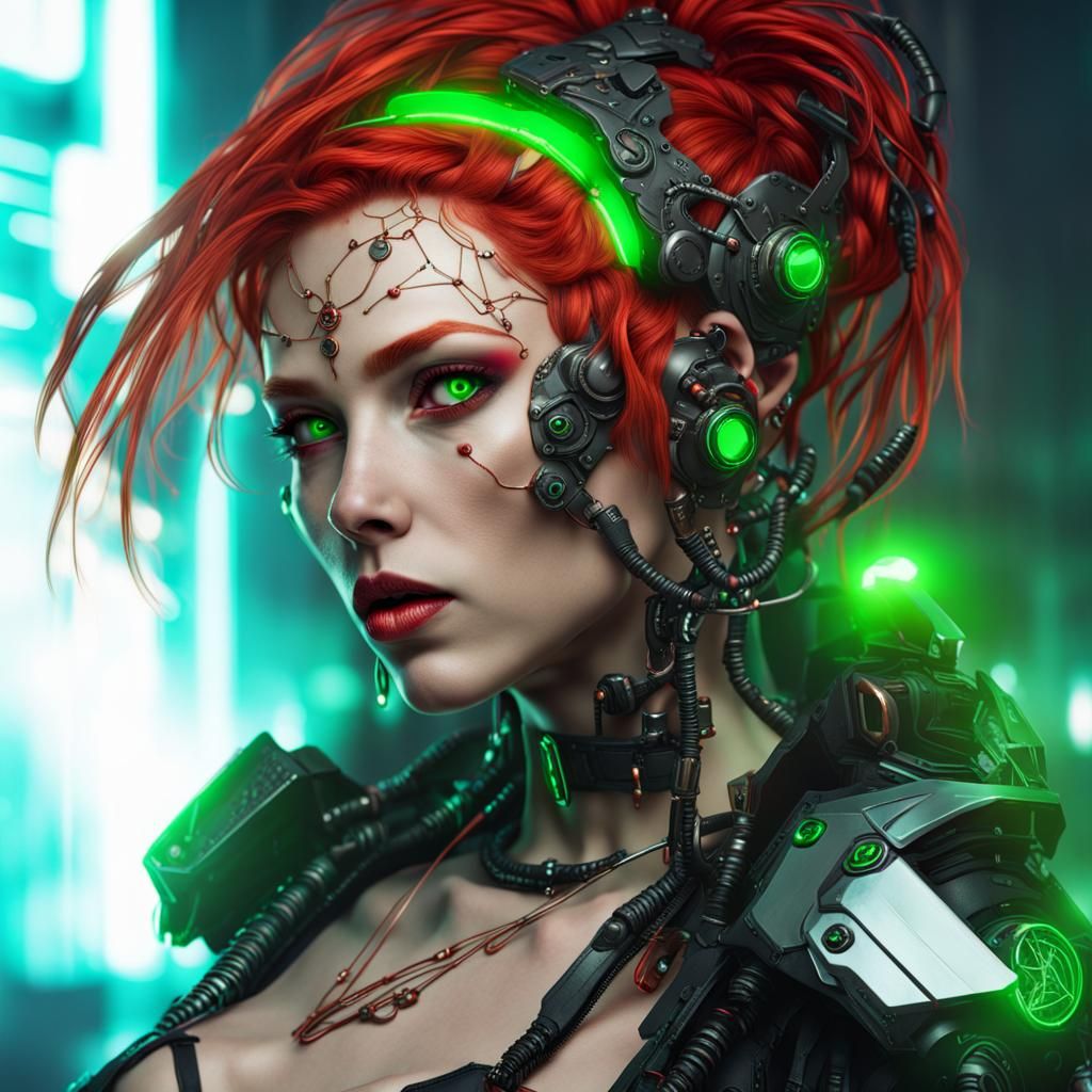 Cyberpunk Cyborg Queen with Neon Red Hair