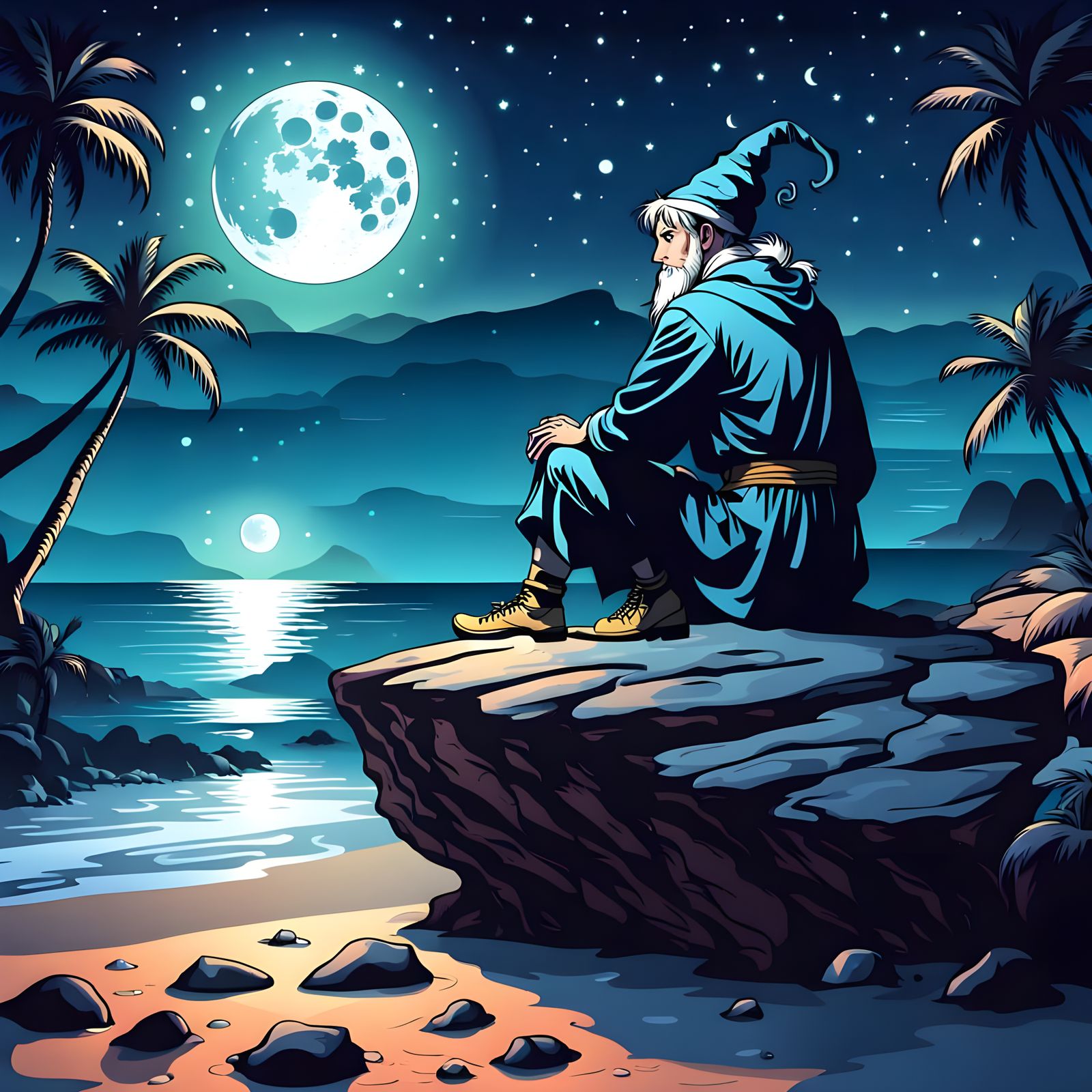 Elf on a Fairytale Beach Under Full Moon