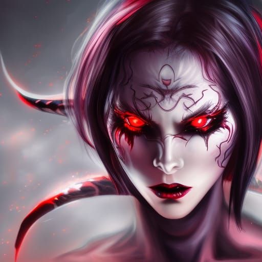 Hyperrealistic Female Demon with Red Eyes