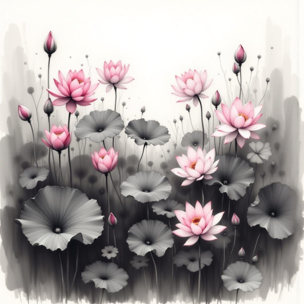 Monochromatic Lotus Field Illustration in Watercolor Style