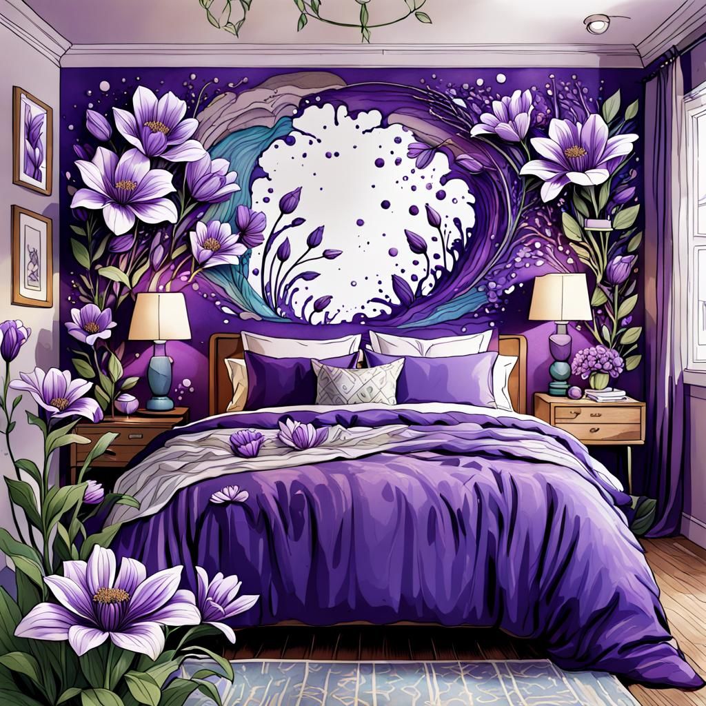 Surreal Bedroom with Purple Flowers in Splash Art