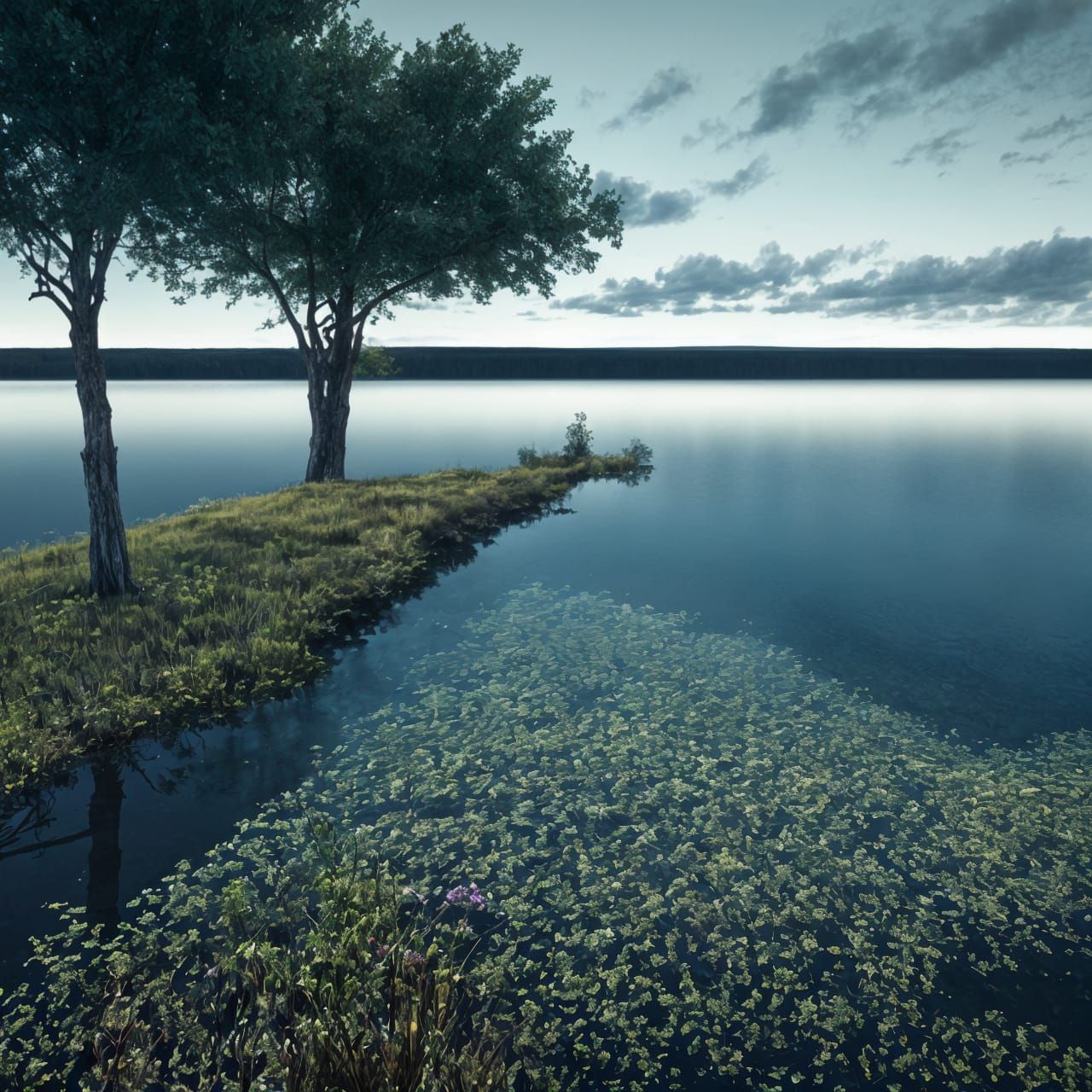 Still Lake Reflecting Serene Landscape in Surreal HDR