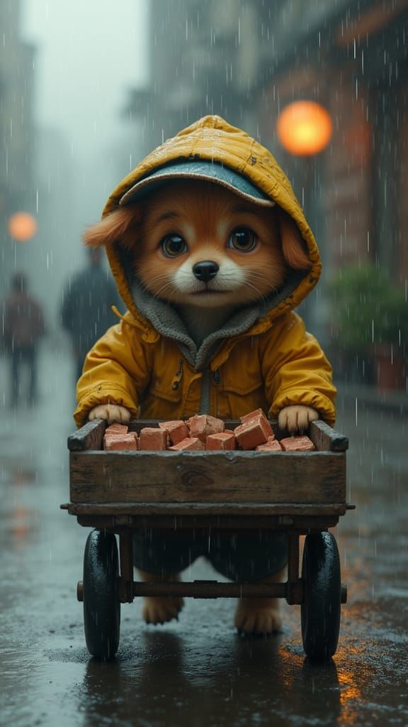 Soaked Puppy Pulls Bricks Through Rainy Street in Whimsical ...