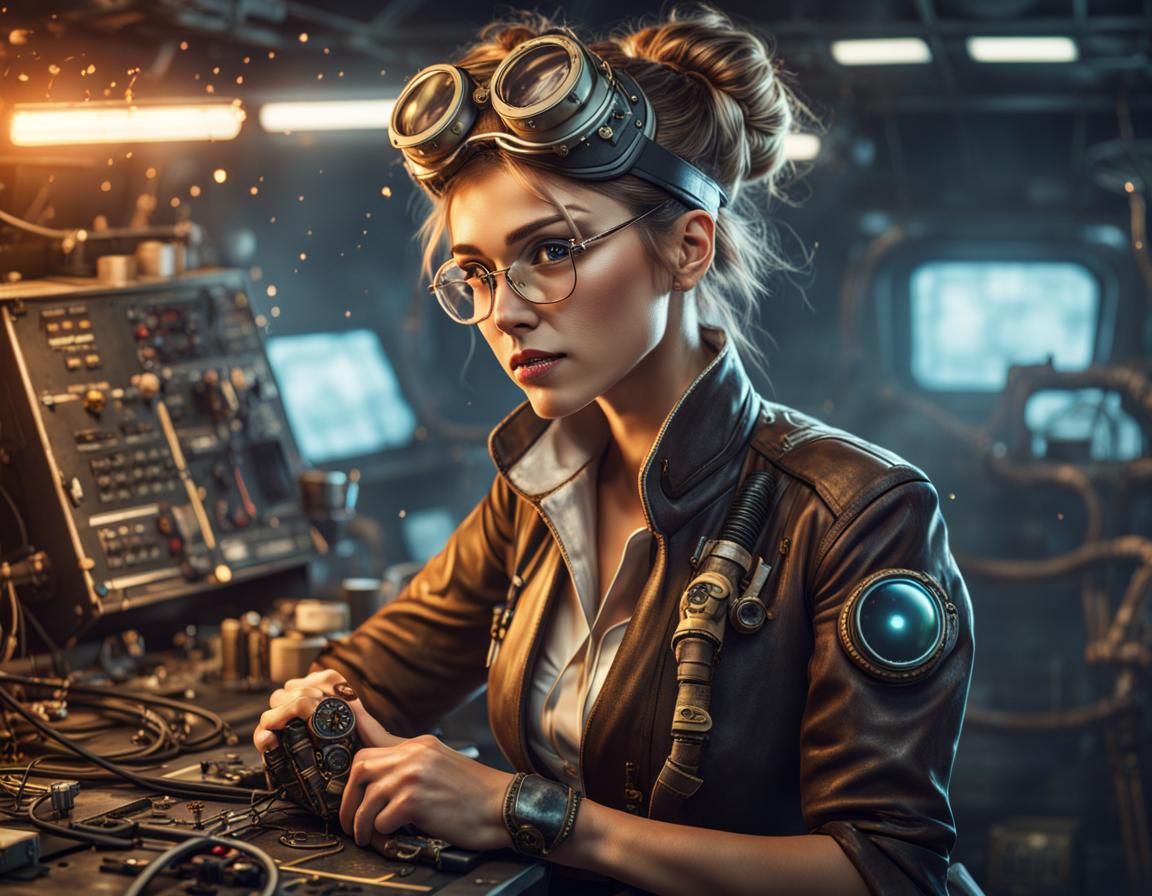 Steampunk Engineer on Starship Bridge