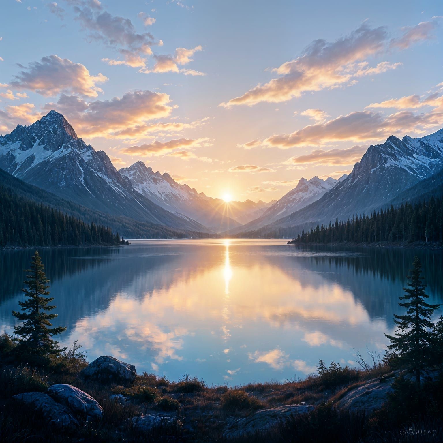 Mountain Sunrise Reflecting in Lake: Digital Art