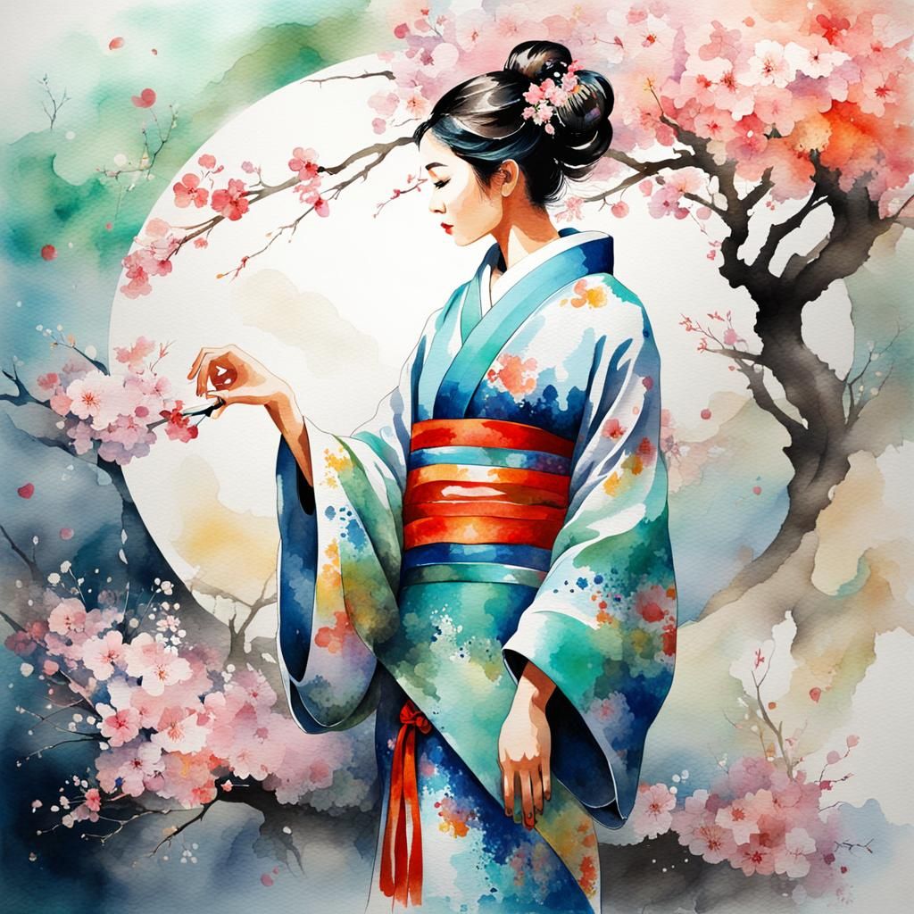 Impressionistic Watercolor of Kimono Woman with Sakura