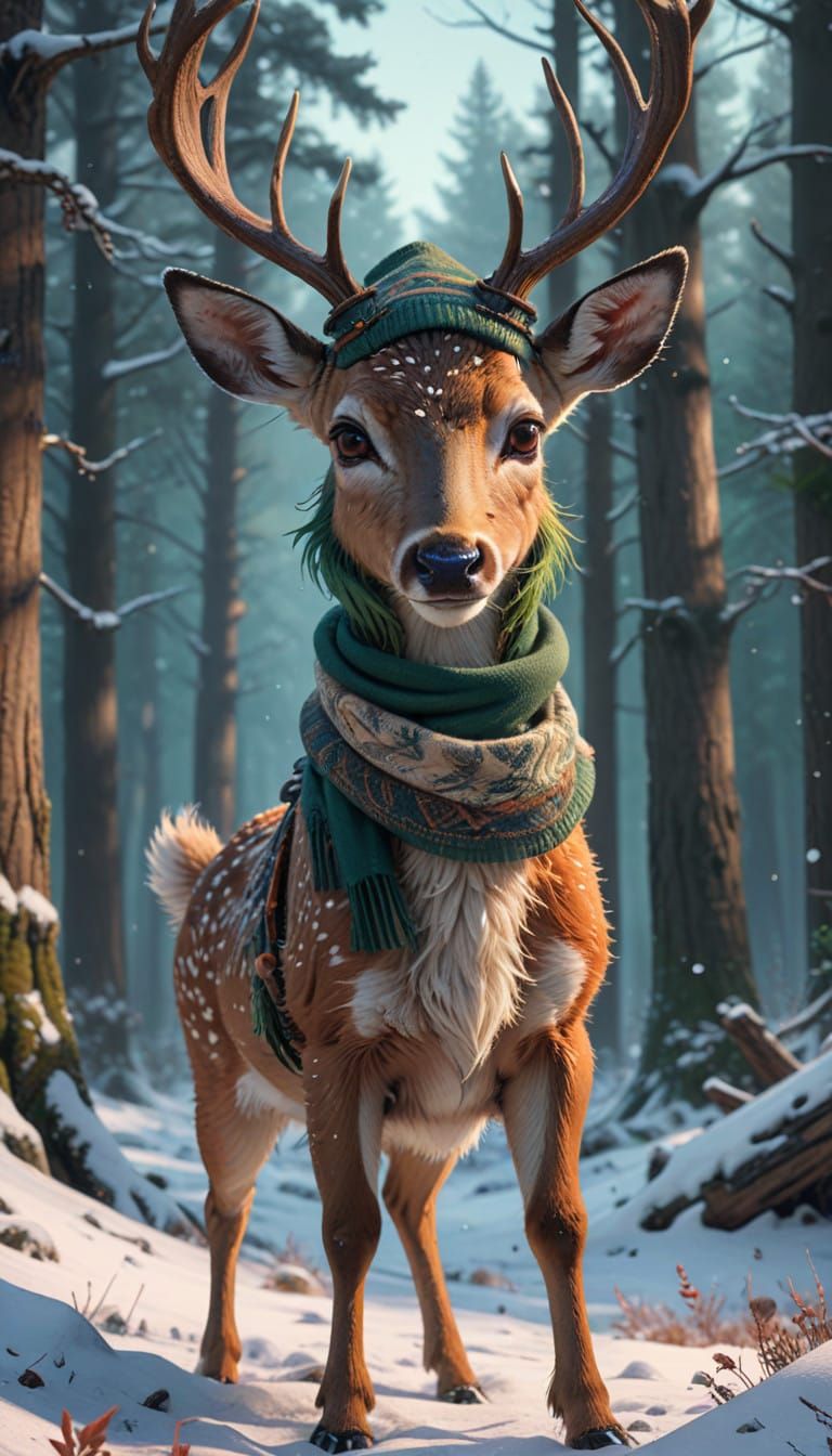 Whimsical Deer in Snowy Woodland Wonderland