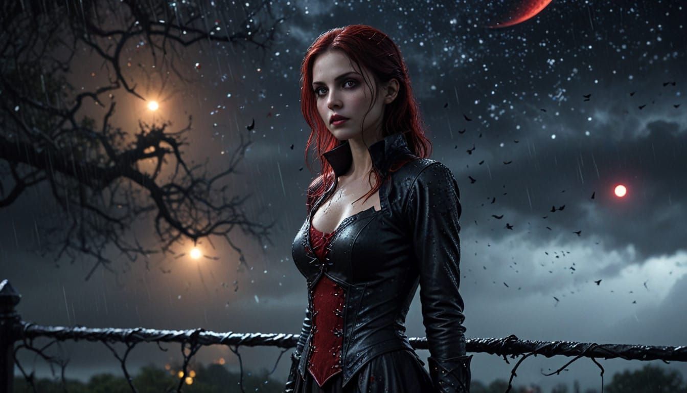 Ethereal Vampire Woman Under Red Moonlit Night Sky