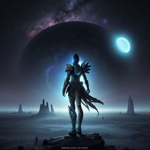 Lone Warrior on Alien Planet Under Nebula Sky