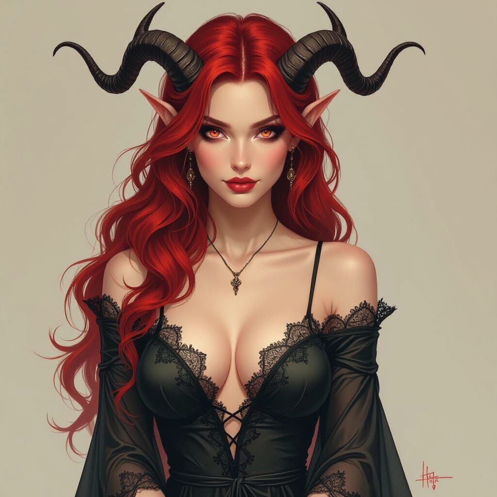 Tiefling Woman in Negligee, Dark Fantasy Style