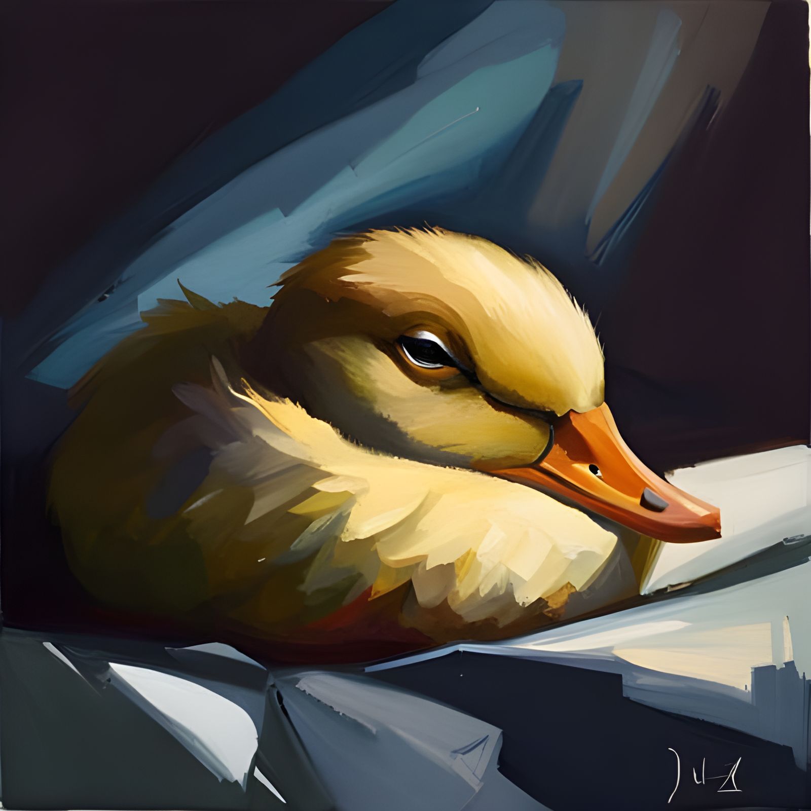 Adorable Sleeping Duck in Bed: Oil Painting
