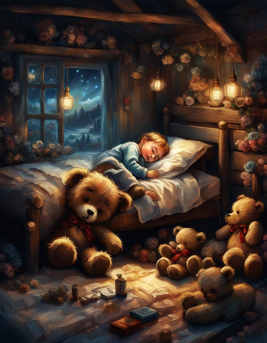 Child Sleeping with Teddy Bear in Arthur Rackham Style
