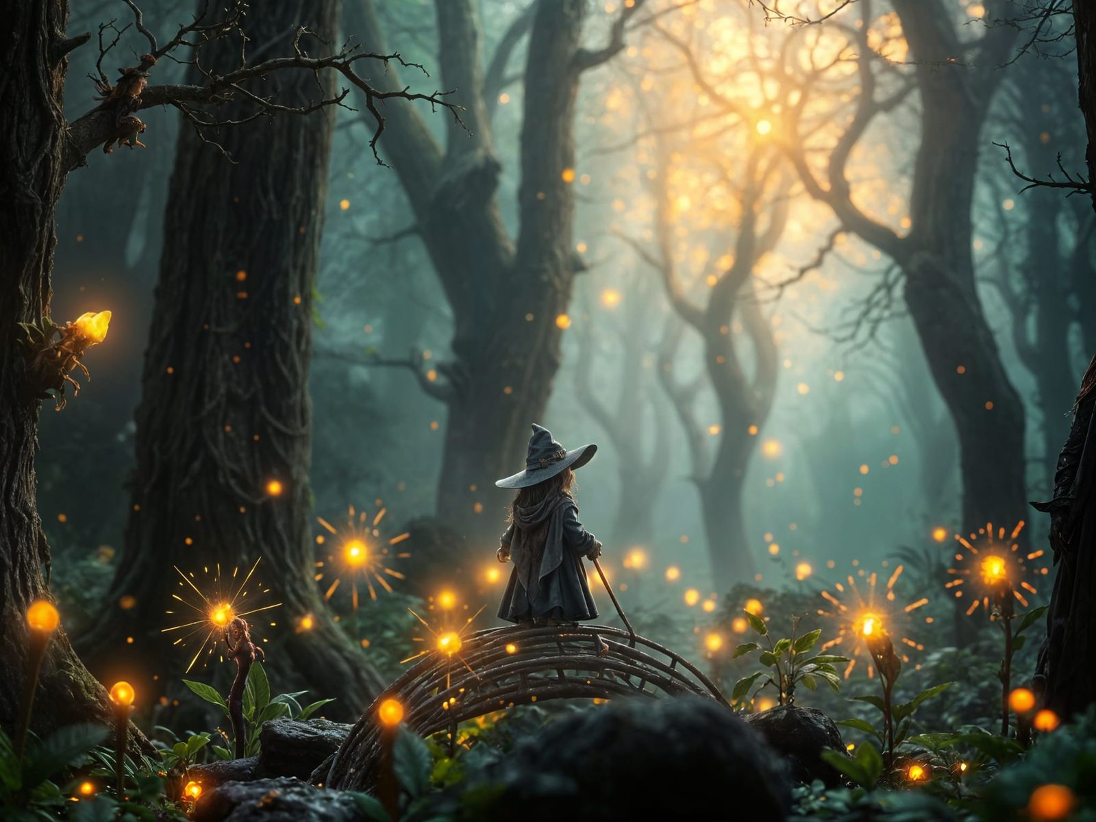 Tiny Witch Enchanted by Giant Forest's Glowing Mystique