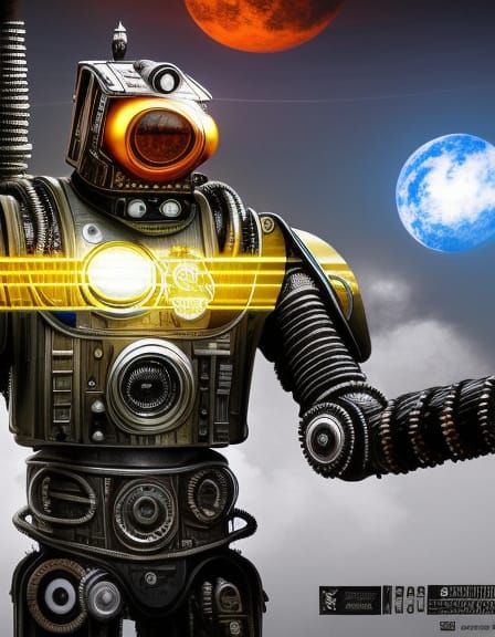 Steampunk Robot Pilot in Psychedelic Retrofuturism