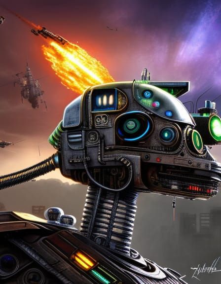 Steampunk Robot Pilot in Psychedelic Sci-Fi Style