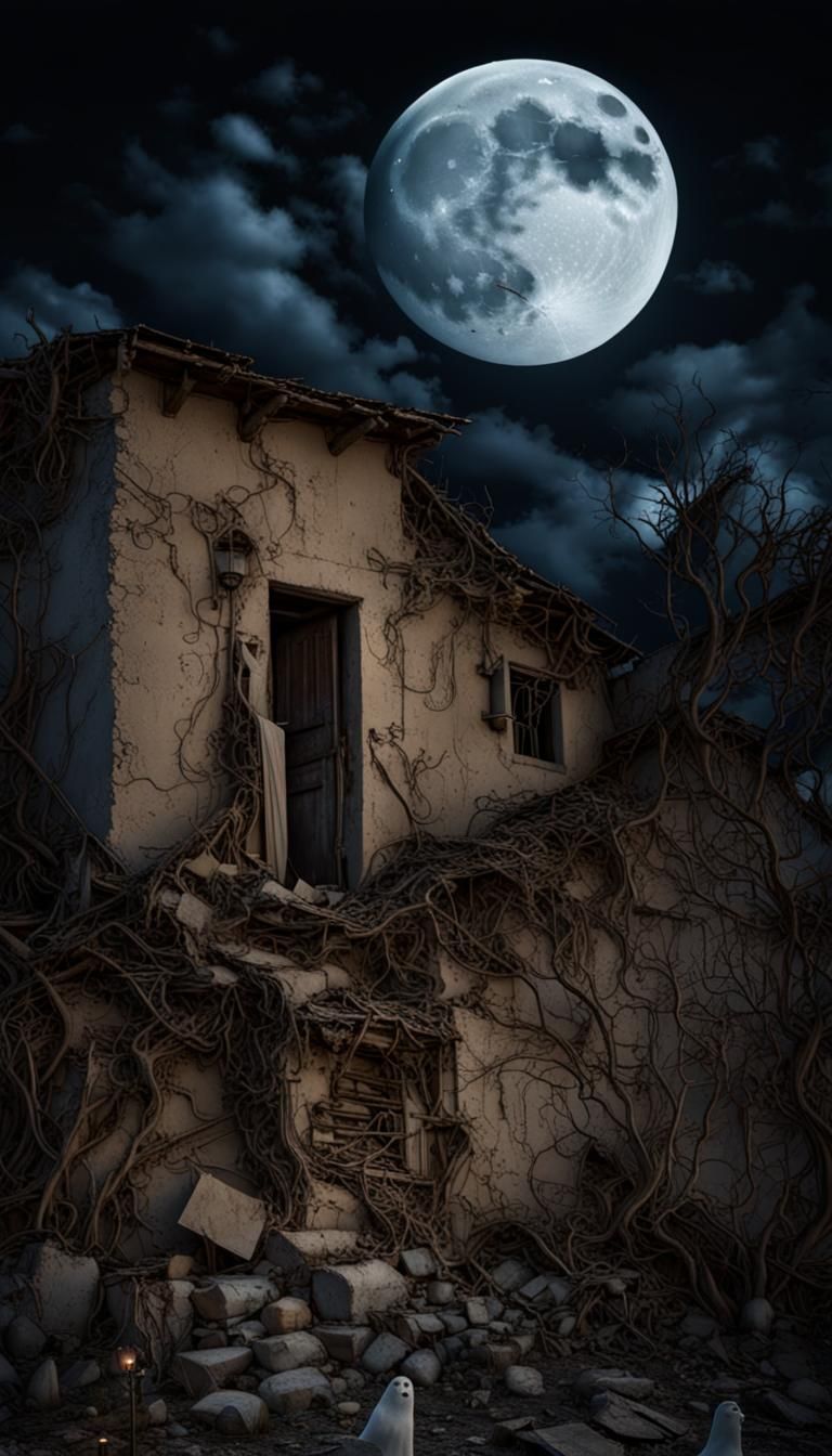 Ghosts Wander Abandoned Village Under Full Moon