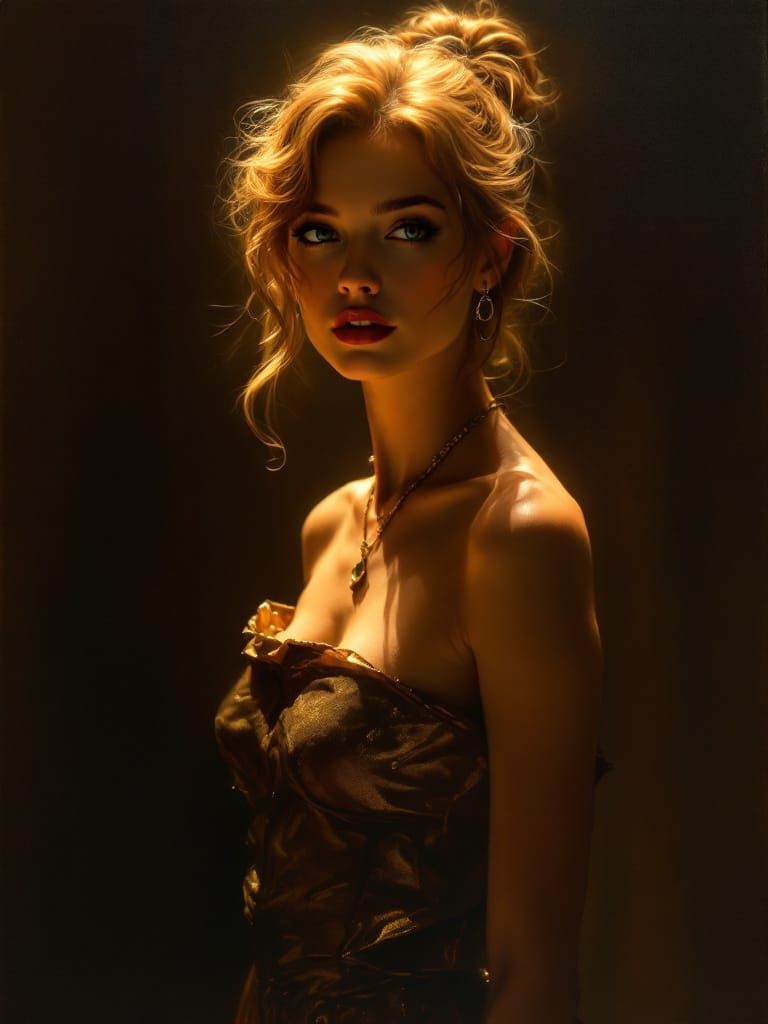 Golden Amber Portrait of a Woman in Metallic Dress