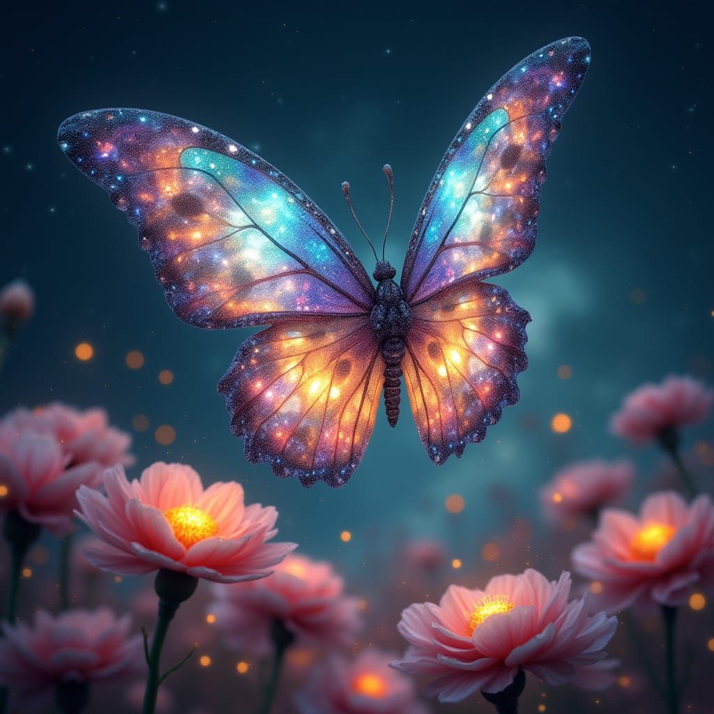 Celestial Butterfly in Starry Field, Dreamlike Art