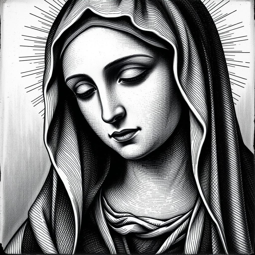 Sublime Black-and-White Portrait of the Virgin Mary in Doré-...