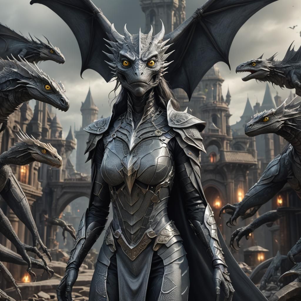 Grey Lizard Woman Hybrid with Bat Wings