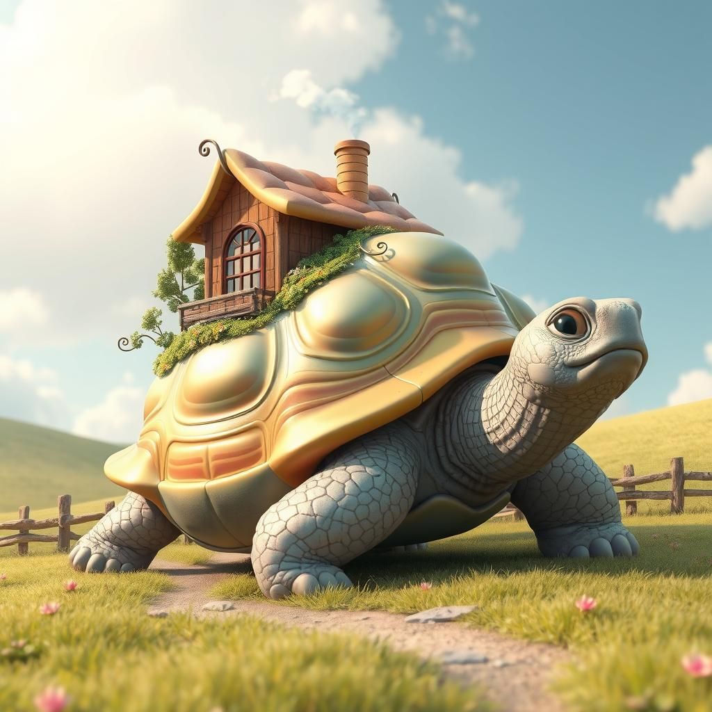 Whimsical Carrot House on Giant Iridescent Tortoise