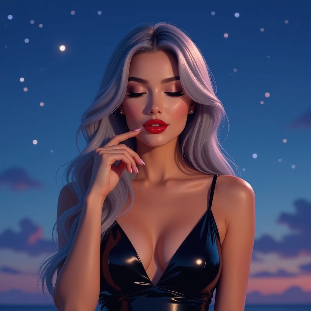 Elegant Woman in Black Dress Under Summer Night Sky