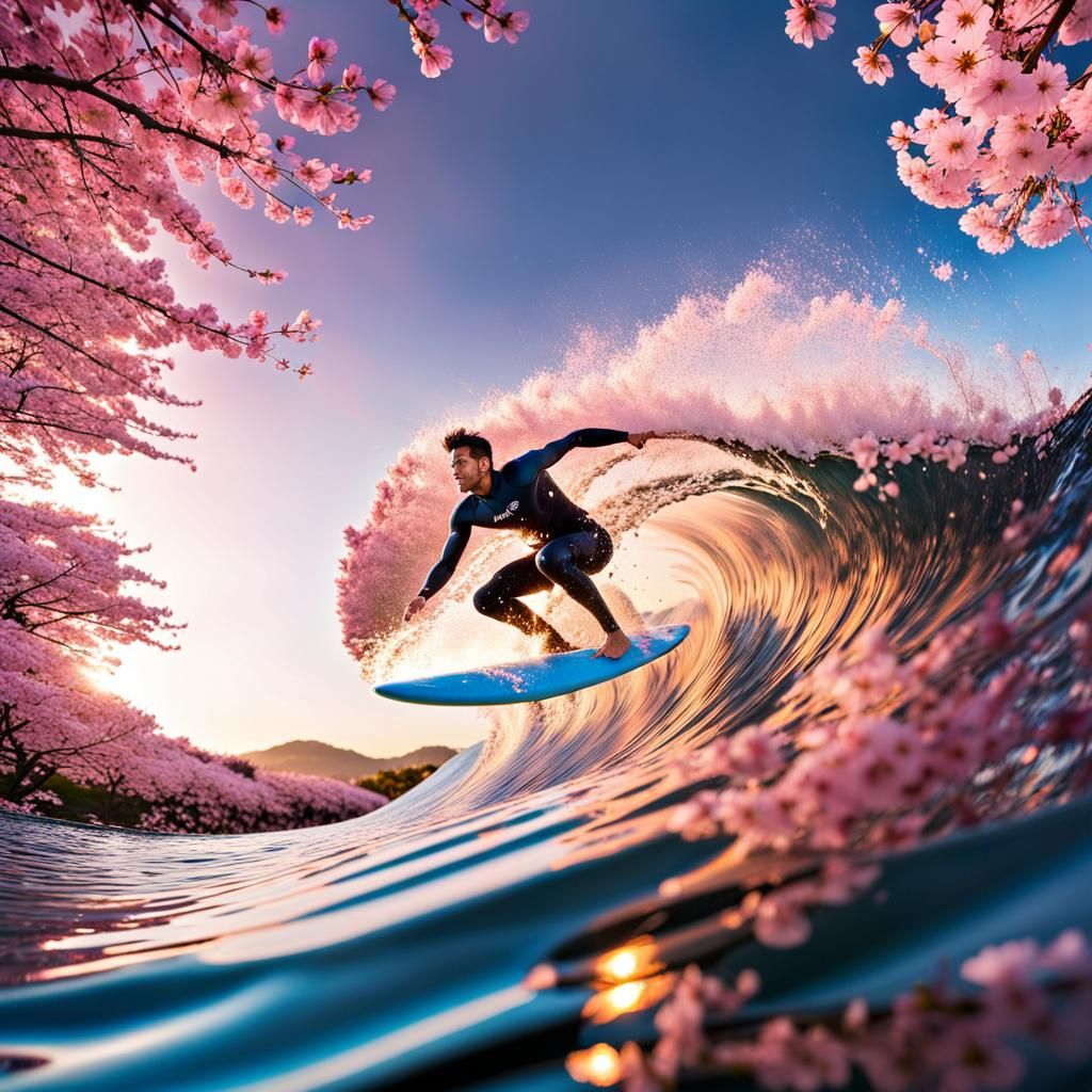 Surfer Rides Cherry Blossom Wave at Dawn