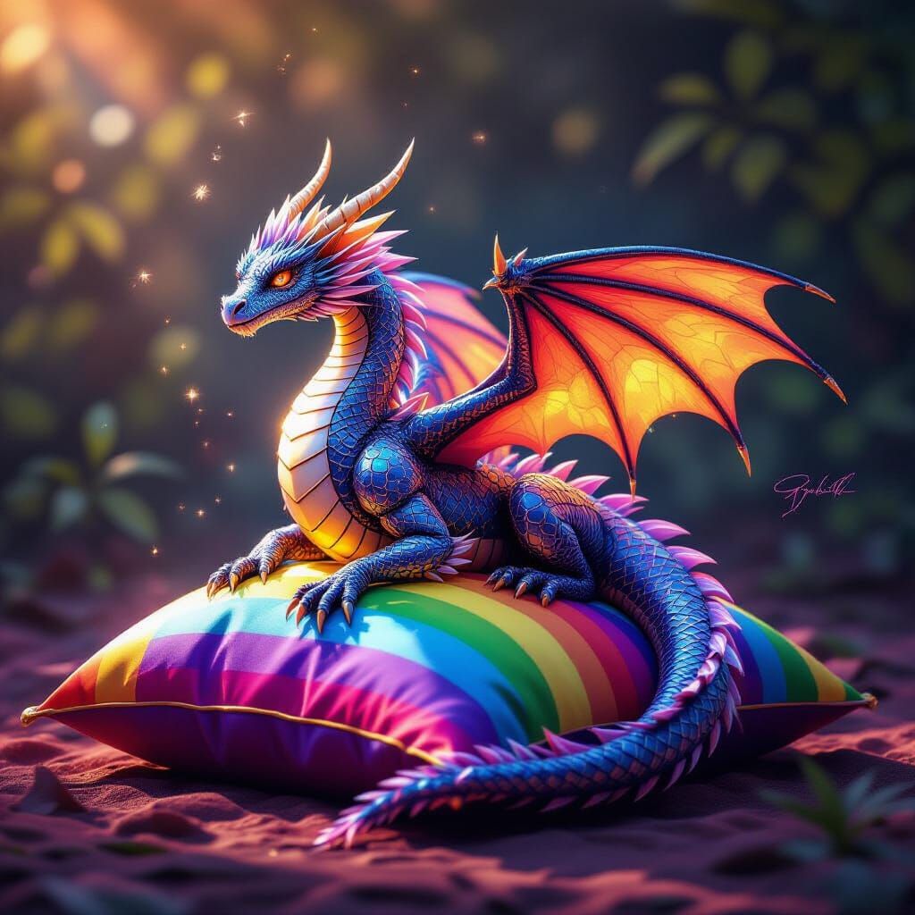 Crystal Dragon on Rainbow Pillow
