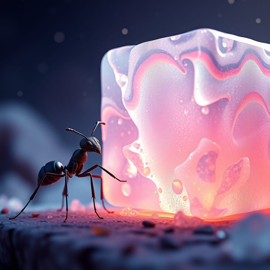 Ant and Giant Sugar Cube in Detailed Matte Painting Style
